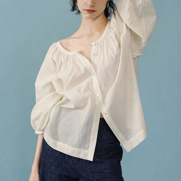 麻棉兩色領圈抽褶休閒氣質襯衫