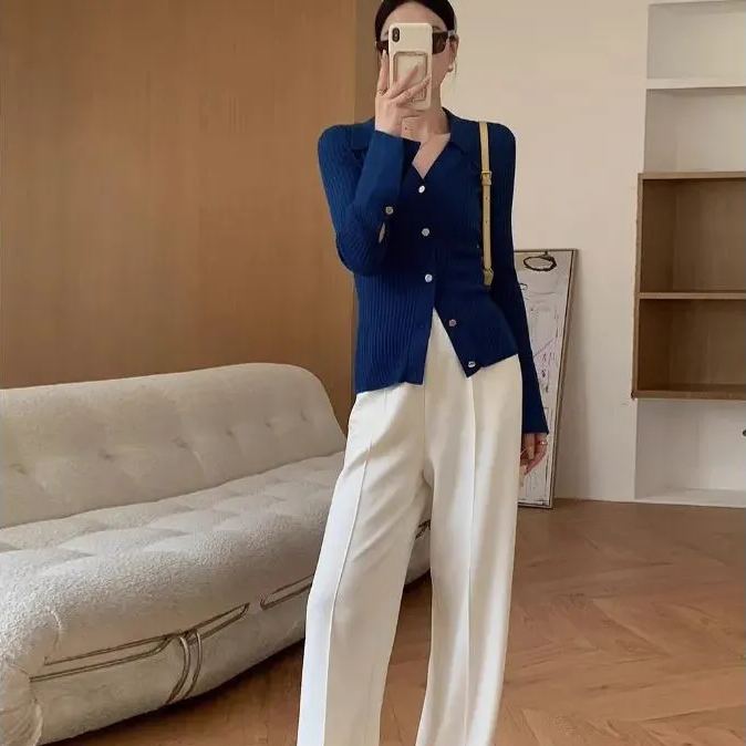 百搭設計感polo領喇叭袖長袖打底上衣