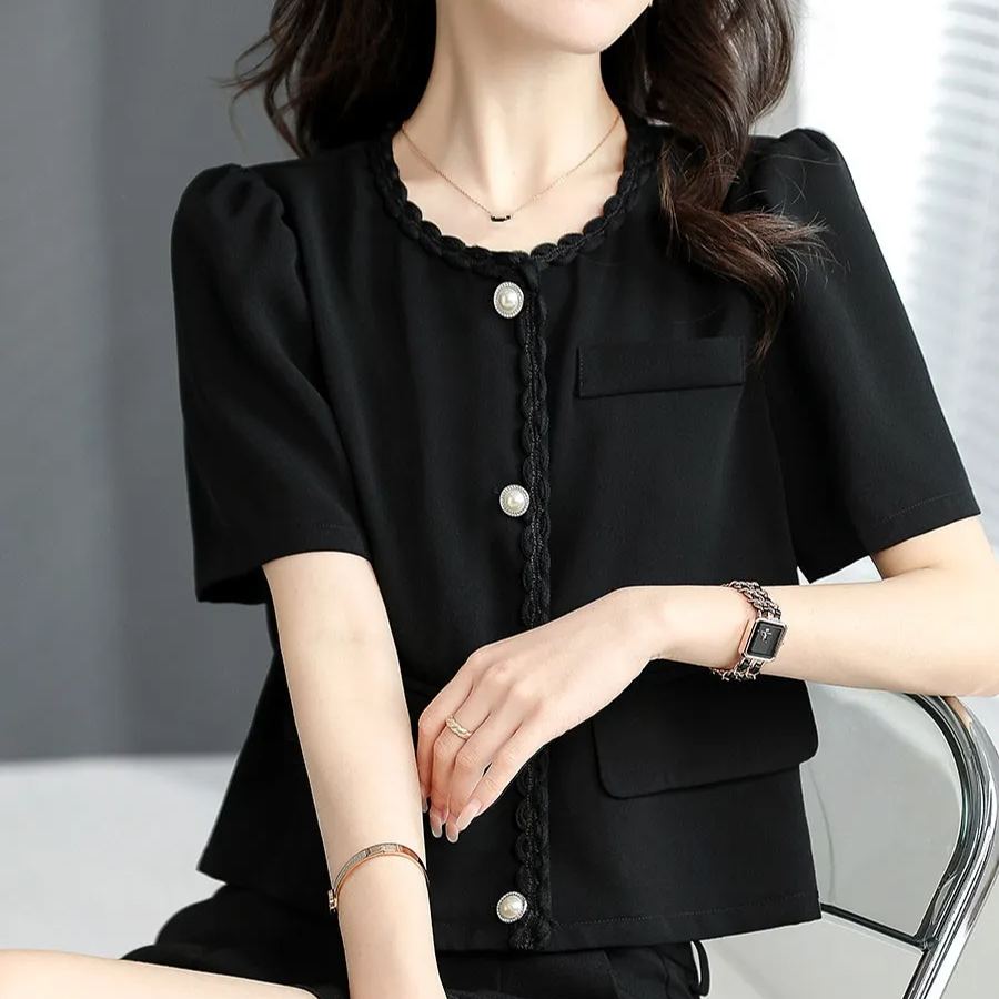 精緻花邊圓領短袖外套+闊腿短褲套裝