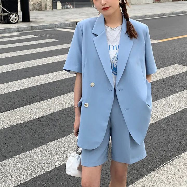 春夏薄款休閒寬鬆短袖西裝短褲套裝
