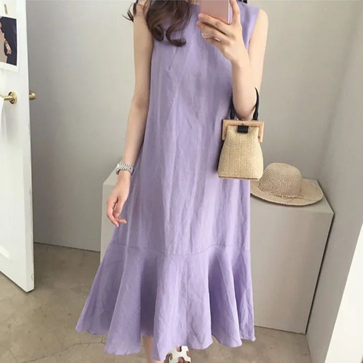 休閒無袖魚尾棉麻連身裙