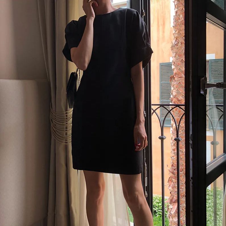 韓版泡泡袖圓領棉麻連身裙