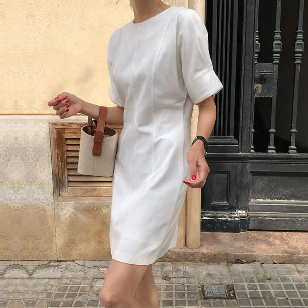 韓版泡泡袖圓領棉麻連身裙