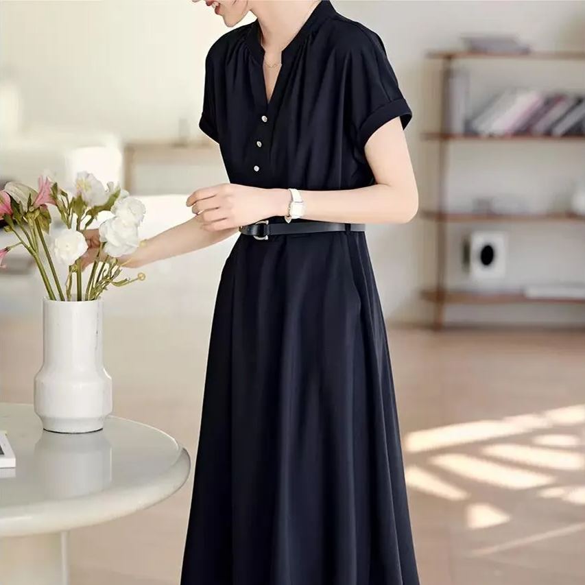 優雅氣質純色V領連身裙