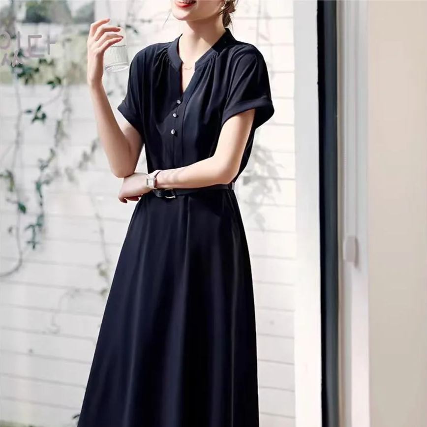 優雅氣質純色V領連身裙