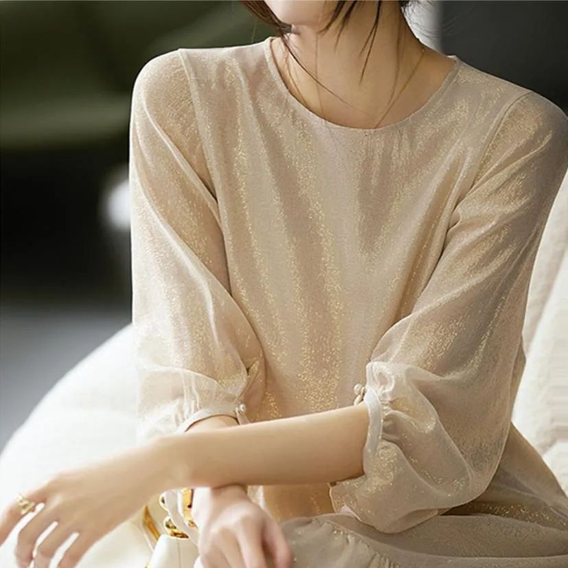 春夏氣質細閃燈籠袖繫帶連身裙