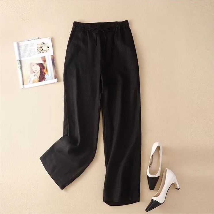 復古純色直筒棉麻闊腿褲