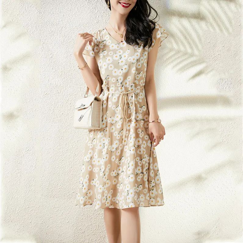 甜美小清新雛菊桑蠶絲收腰連身裙