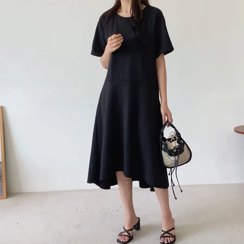 日韓系純色前短後長荷葉邊連身裙