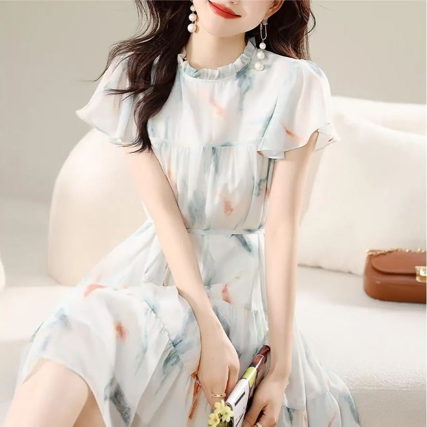 小清新蕾絲領雪紡連身裙