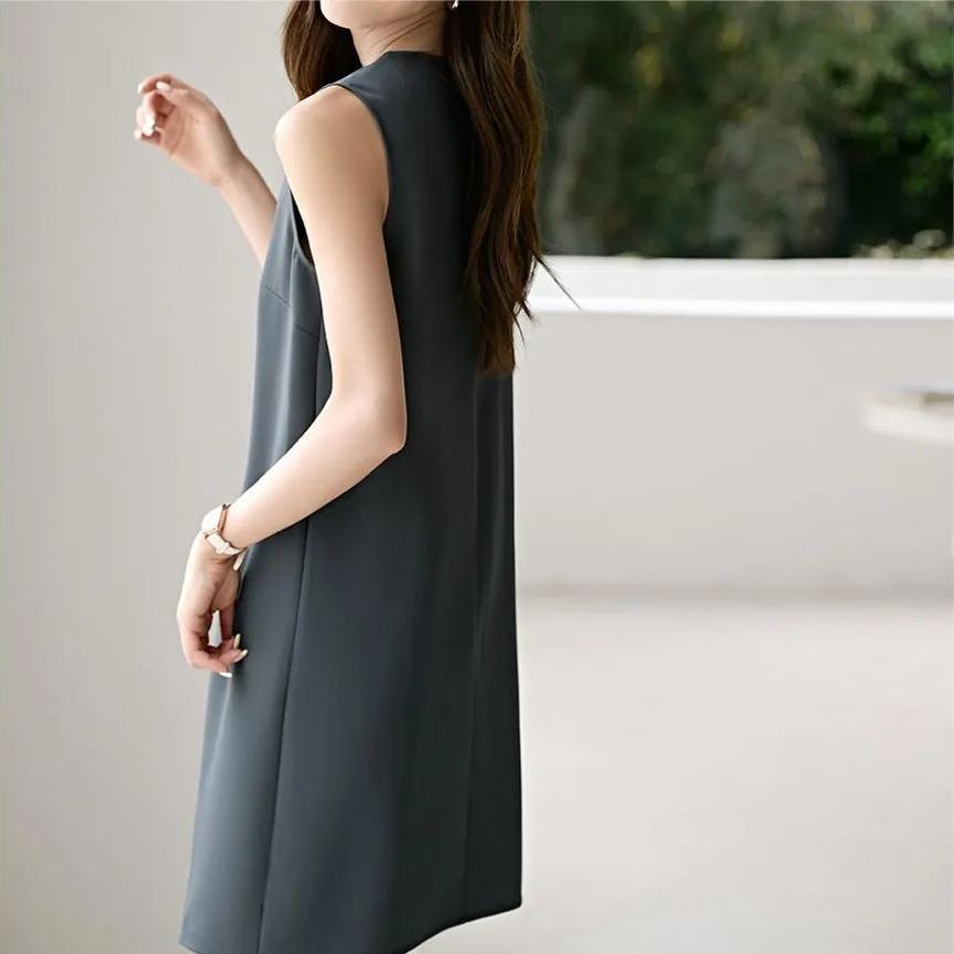 設計感拼接蝴蝶結無袖圓領連身裙