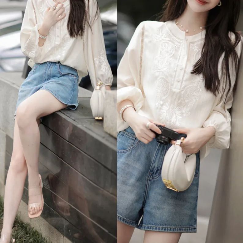 復古繡花套頭燈籠袖襯衫