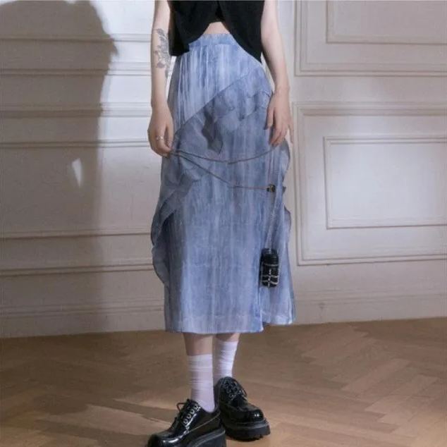 個性水墨波紋雙層荷葉半身裙