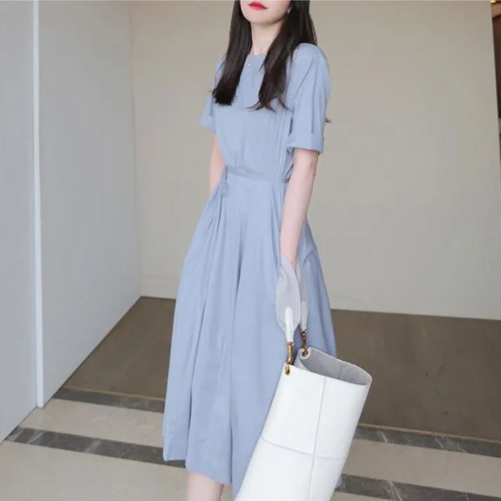 法式純色圓領收腰連身裙