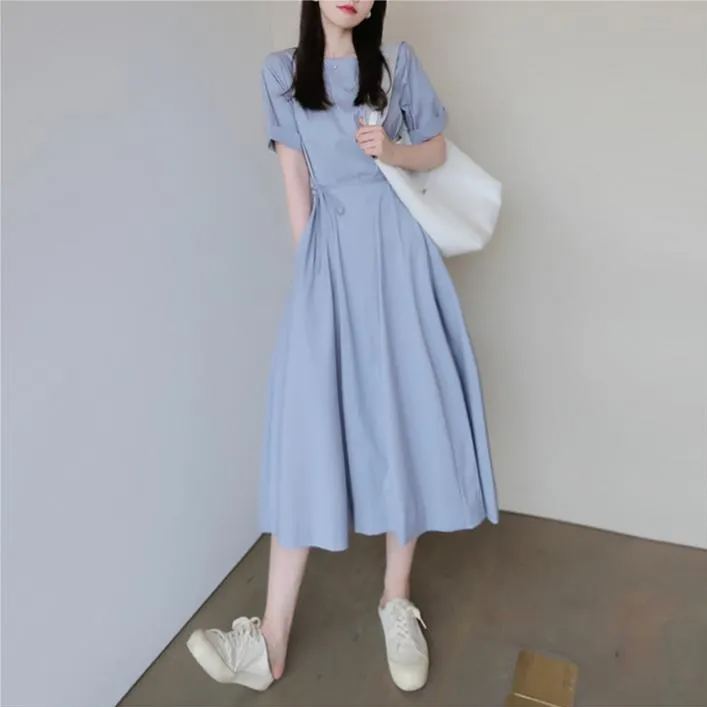法式純色圓領收腰連身裙