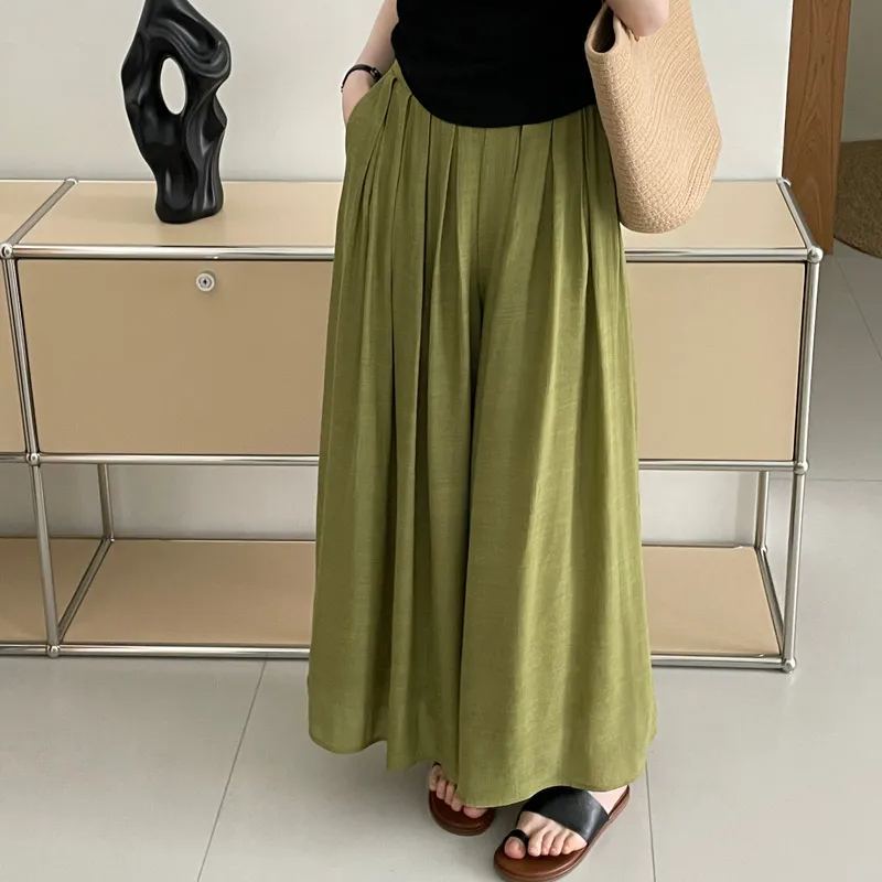 飄逸壓皺顯瘦腰封闊腿長褲