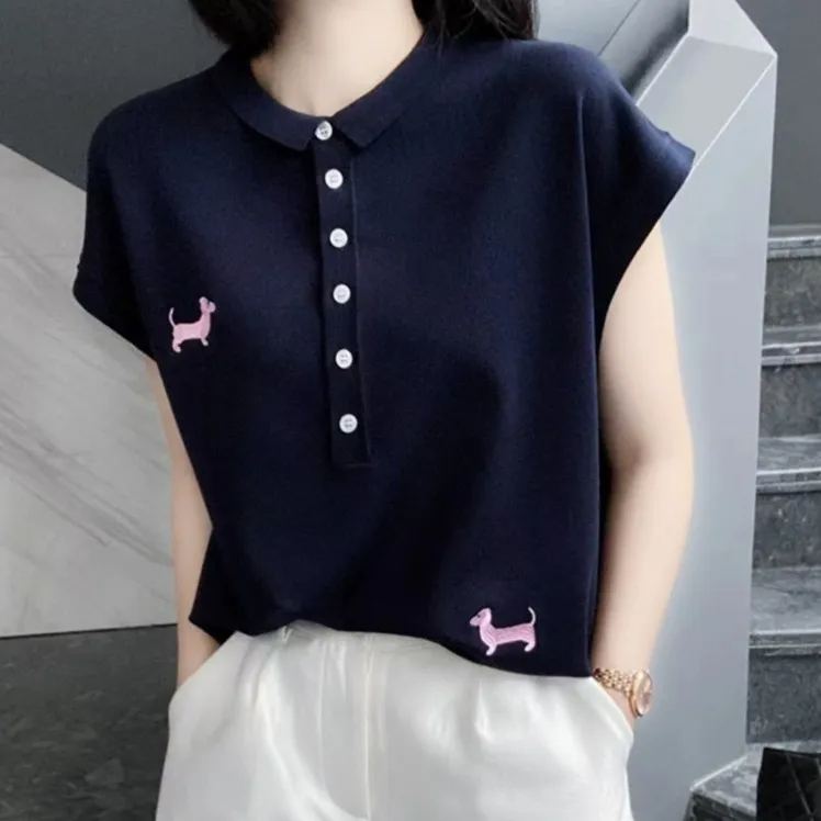 半排扣小翻領冰絲小狗刺繡條紋坎肩針織短袖