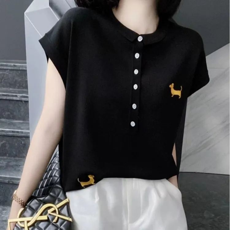半排扣小翻領冰絲小狗刺繡條紋坎肩針織短袖