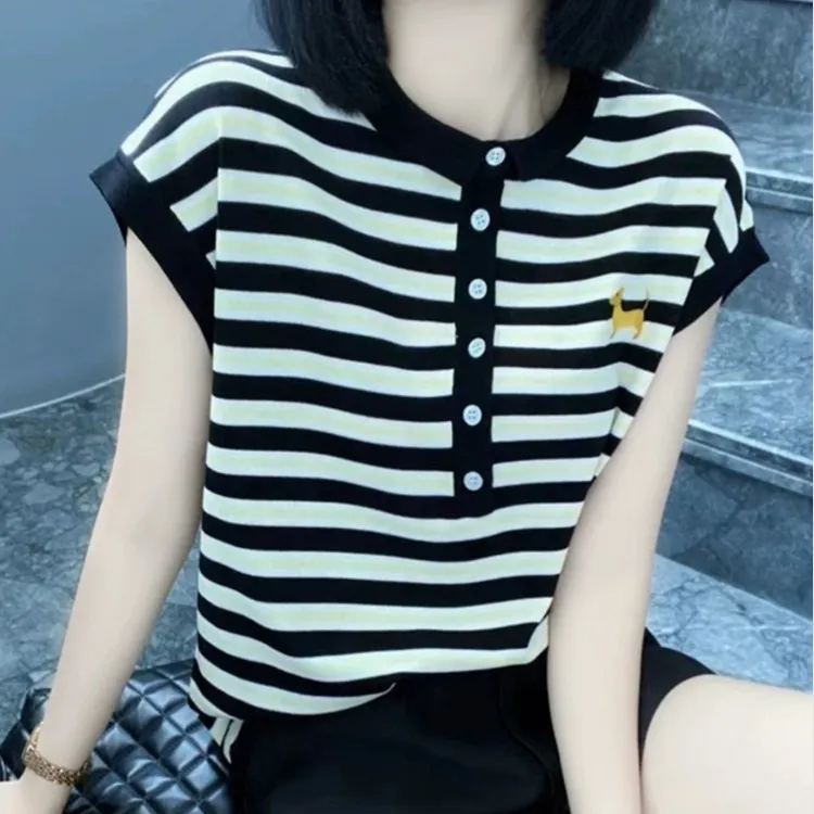 半排扣小翻領冰絲小狗刺繡條紋坎肩針織短袖