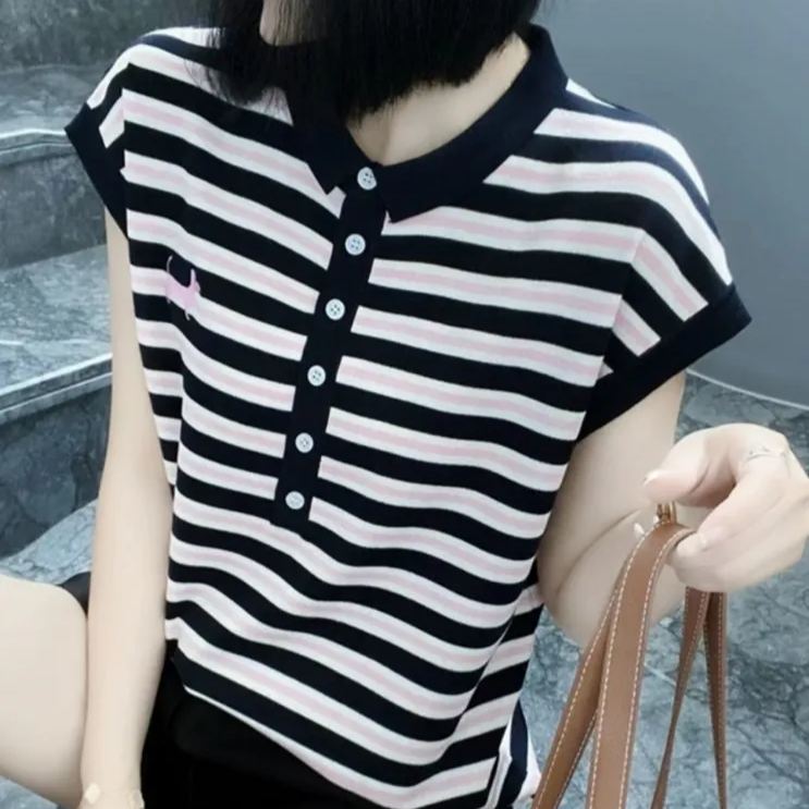 半排扣小翻領冰絲小狗刺繡條紋坎肩針織短袖