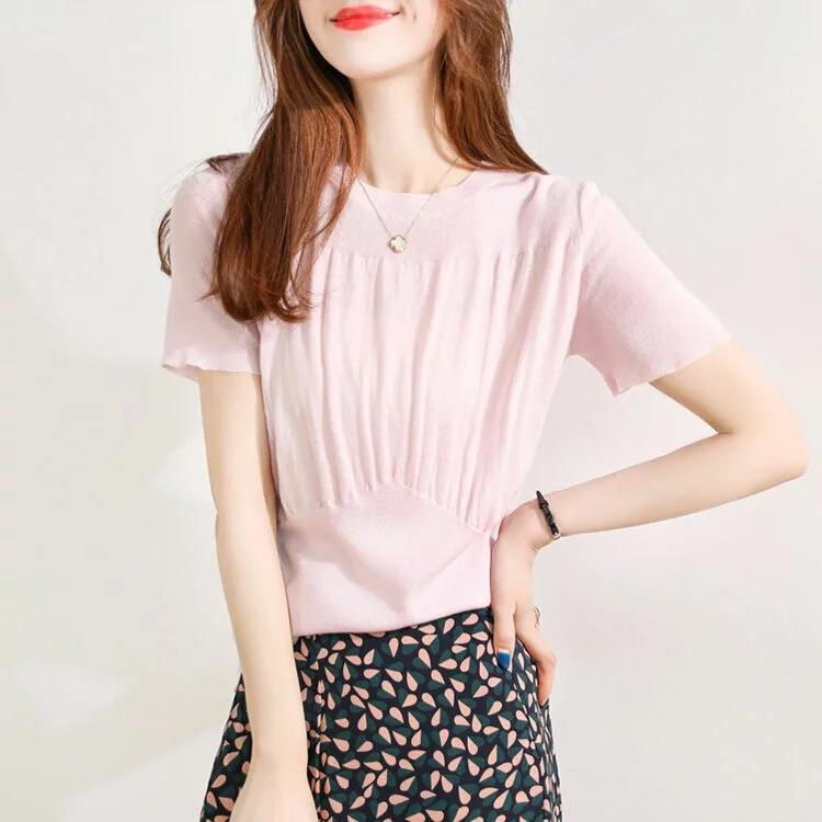 優雅褶皺彈力針織T卹（三色）