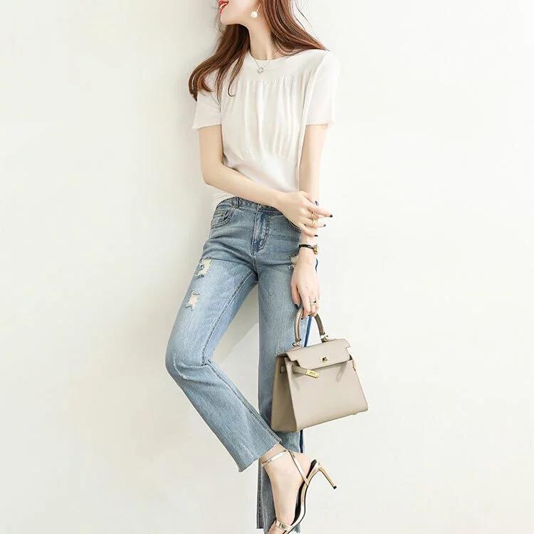 優雅褶皺彈力針織T卹（三色）