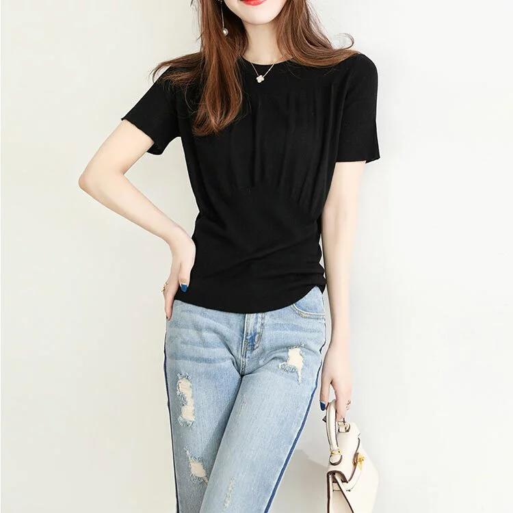 優雅褶皺彈力針織T卹（三色）