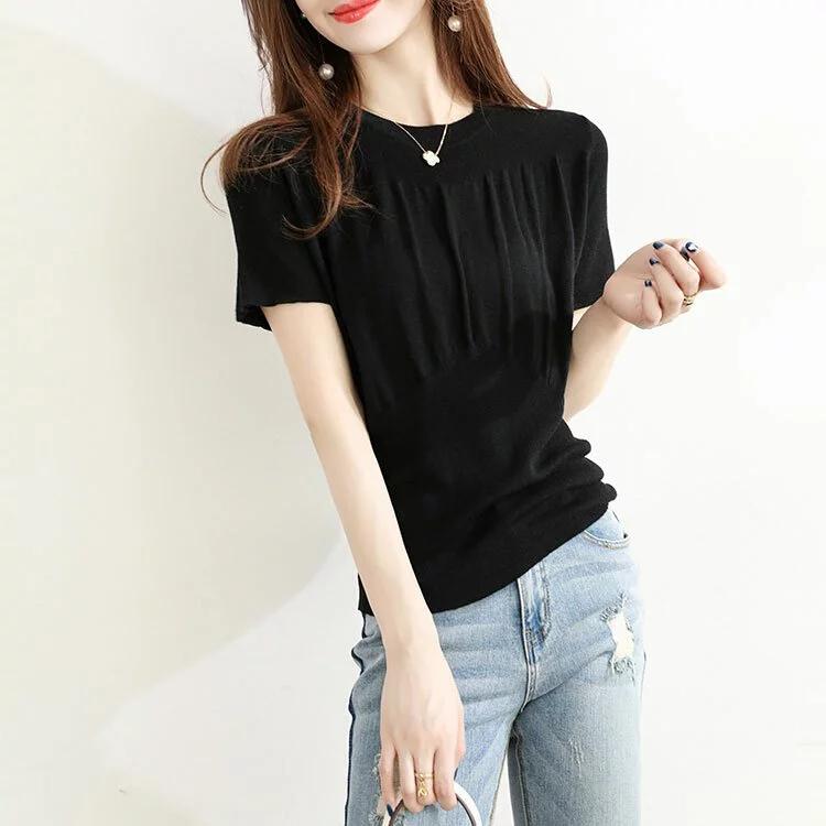 優雅褶皺彈力針織T卹（三色）