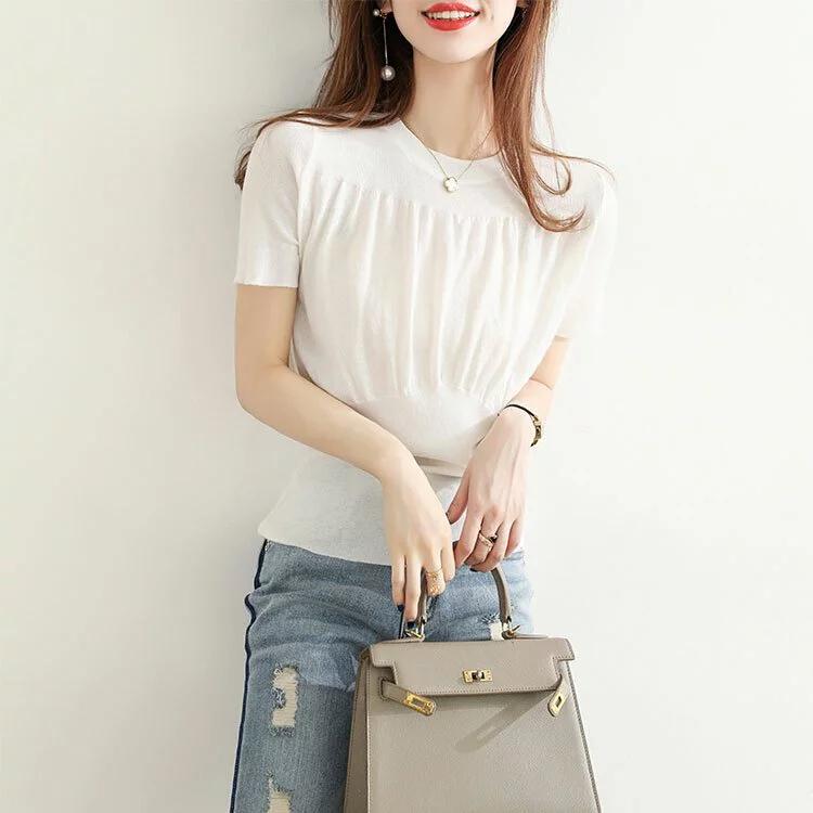 優雅褶皺彈力針織T卹（三色）