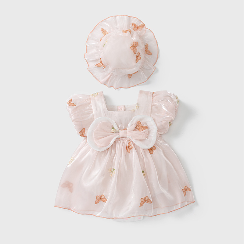Baby Girls' Pink Dress with Butterfly Pattern with Hat