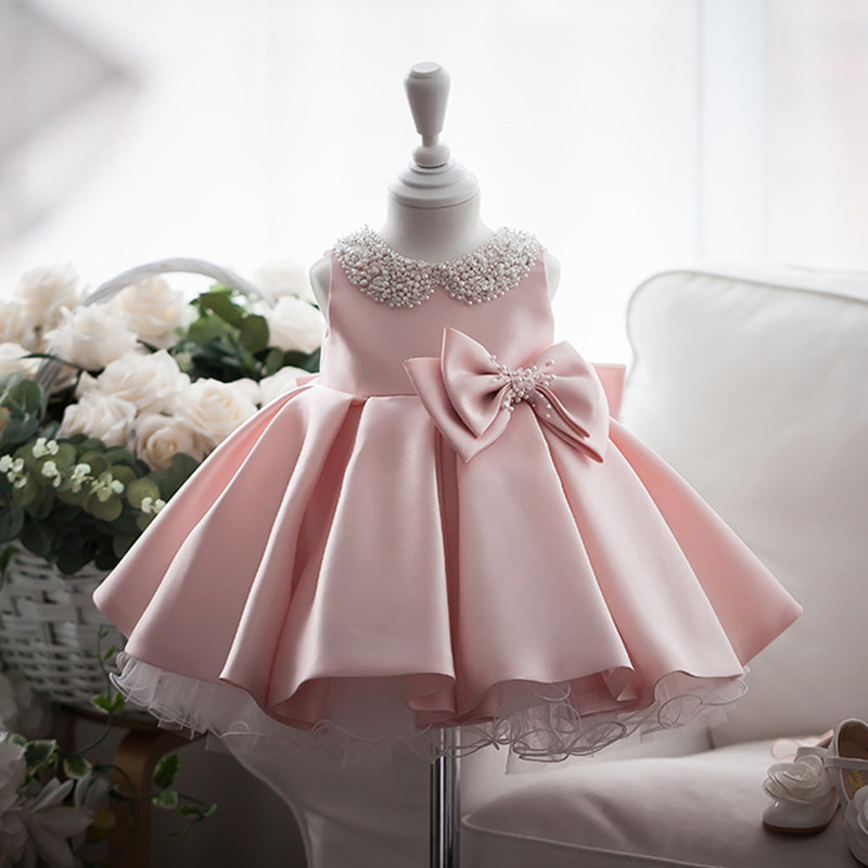 Formal Event Dress with Beaded Neckline and Bow For Girls