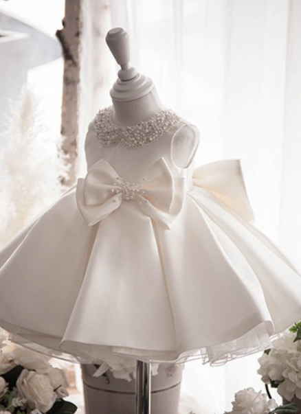 Formal Event Dress with Beaded Neckline and Bow For Girls