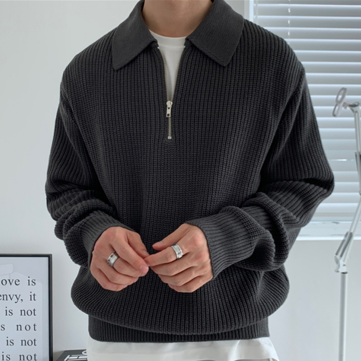 男士日系復古加厚寬鬆半拉鏈POLO領毛衣
