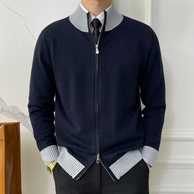 男士韓系輕奢拼色雙向拉鏈簡約針織外套