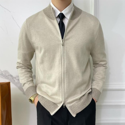 男士韓系輕奢拼色雙向拉鏈簡約針織外套