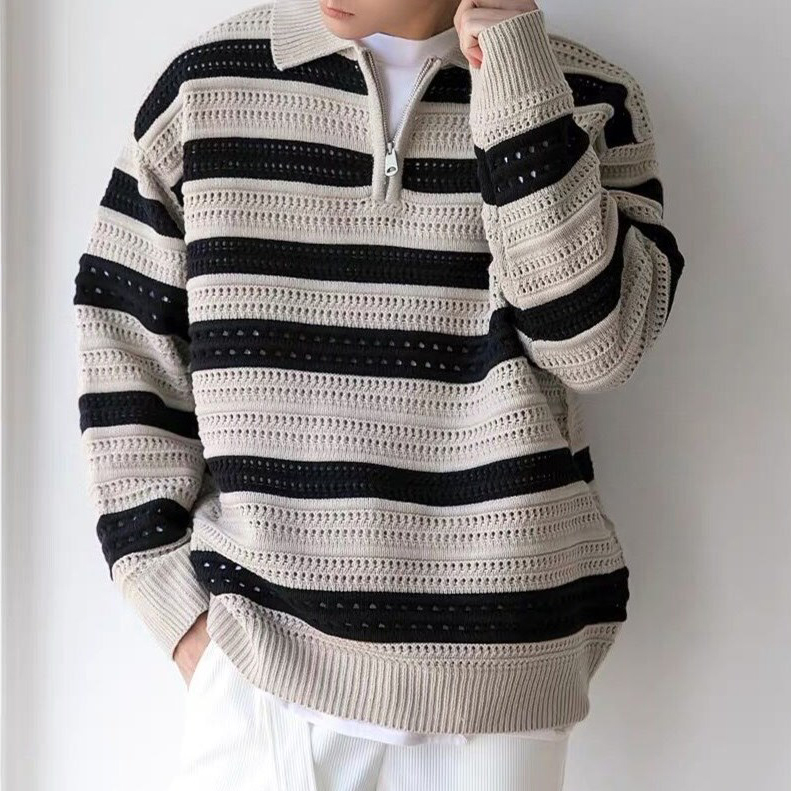 男士小眾設計條紋鏤空休閒翻領毛衣
