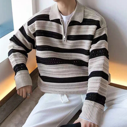 男士小眾設計條紋鏤空休閒翻領毛衣