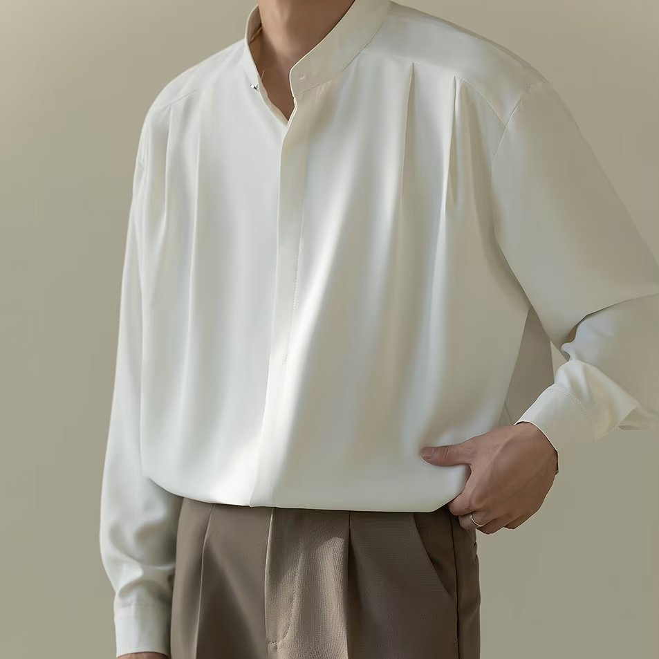 男士輕熟風高級垂感立領寬鬆長袖襯衫