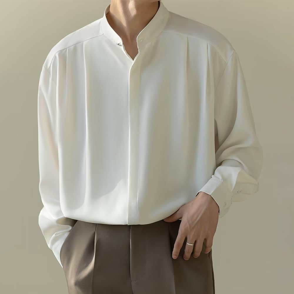 男士輕熟風高級垂感立領寬鬆長袖襯衫