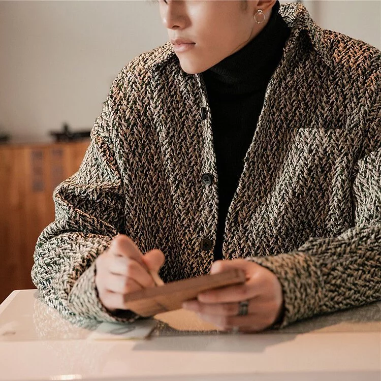 男士韓版時尚小香風寬鬆針織夾克外套