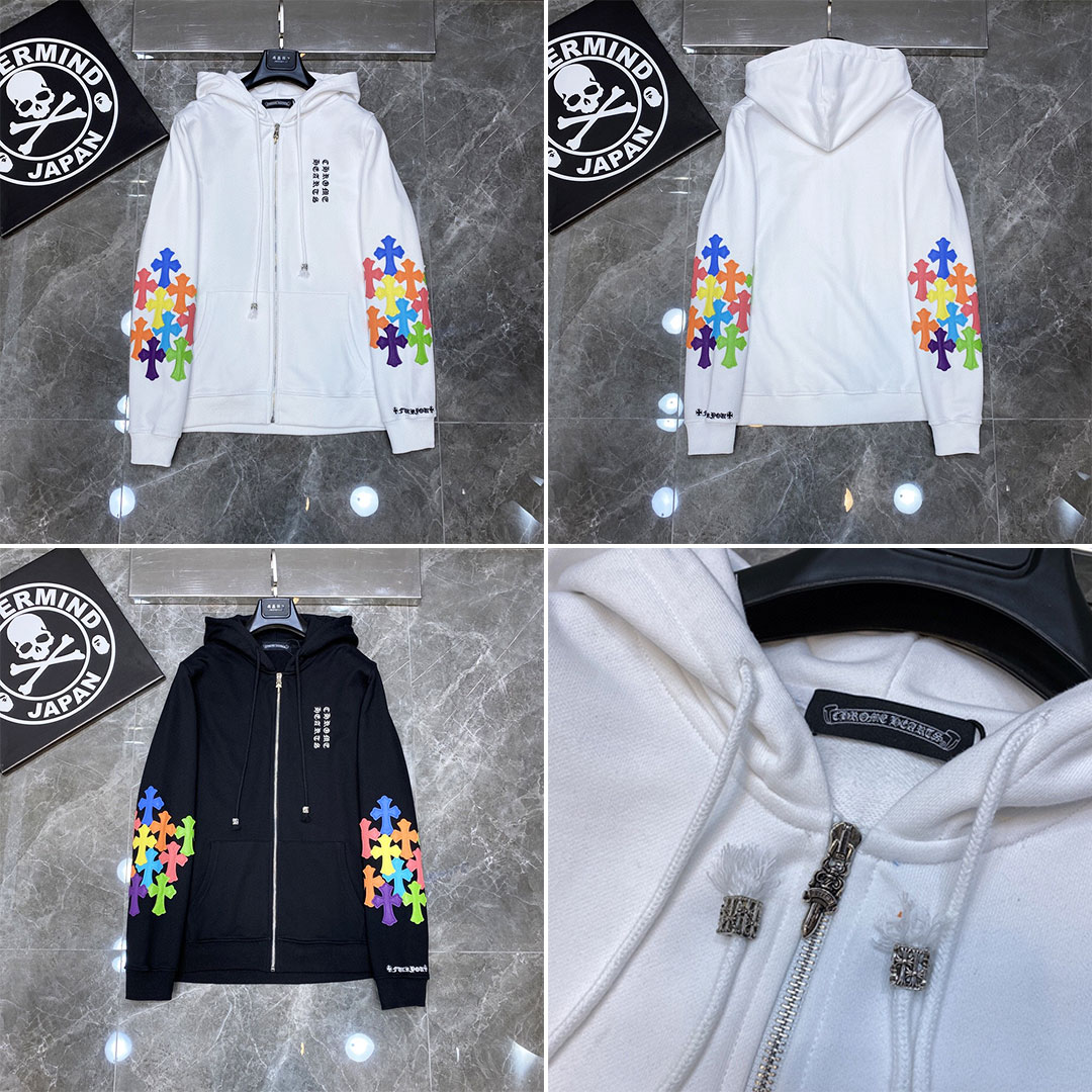 Chrome Hearts 🍁 クロムハーツ  重工業のダブルアーム刺繍クロスカラーパッチワークレザージッパースウェットシャツ