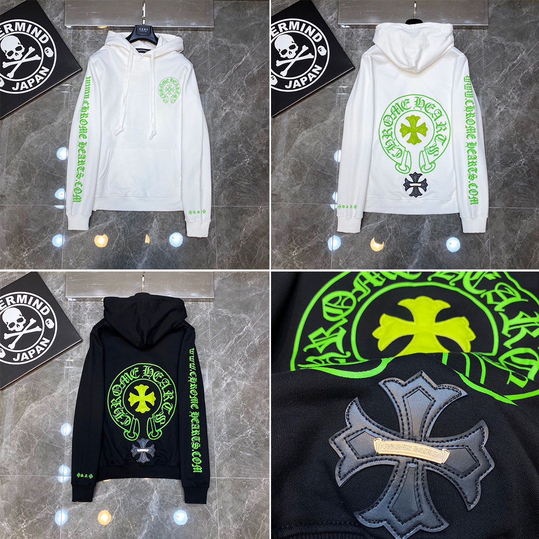 Chrome Hearts ❤ クロムハーツ  パーカー チャリティー限定版蛍光グリーン レザー クロス ホースシュー フード付きスウェットシャツ