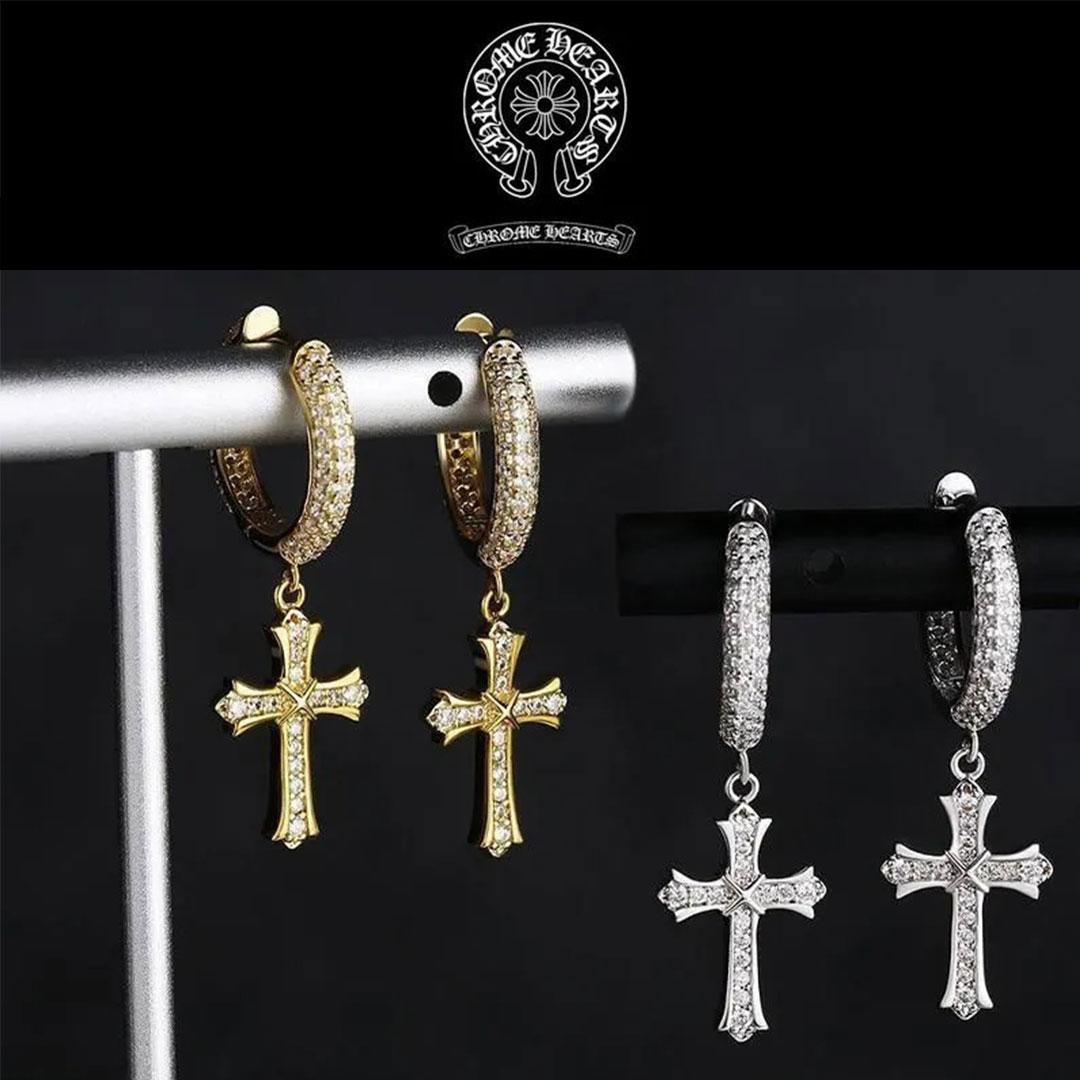 【Chrome Hearts】クロムハーツ  2025 フルダイヤモンド クロスピアス（メンズ）