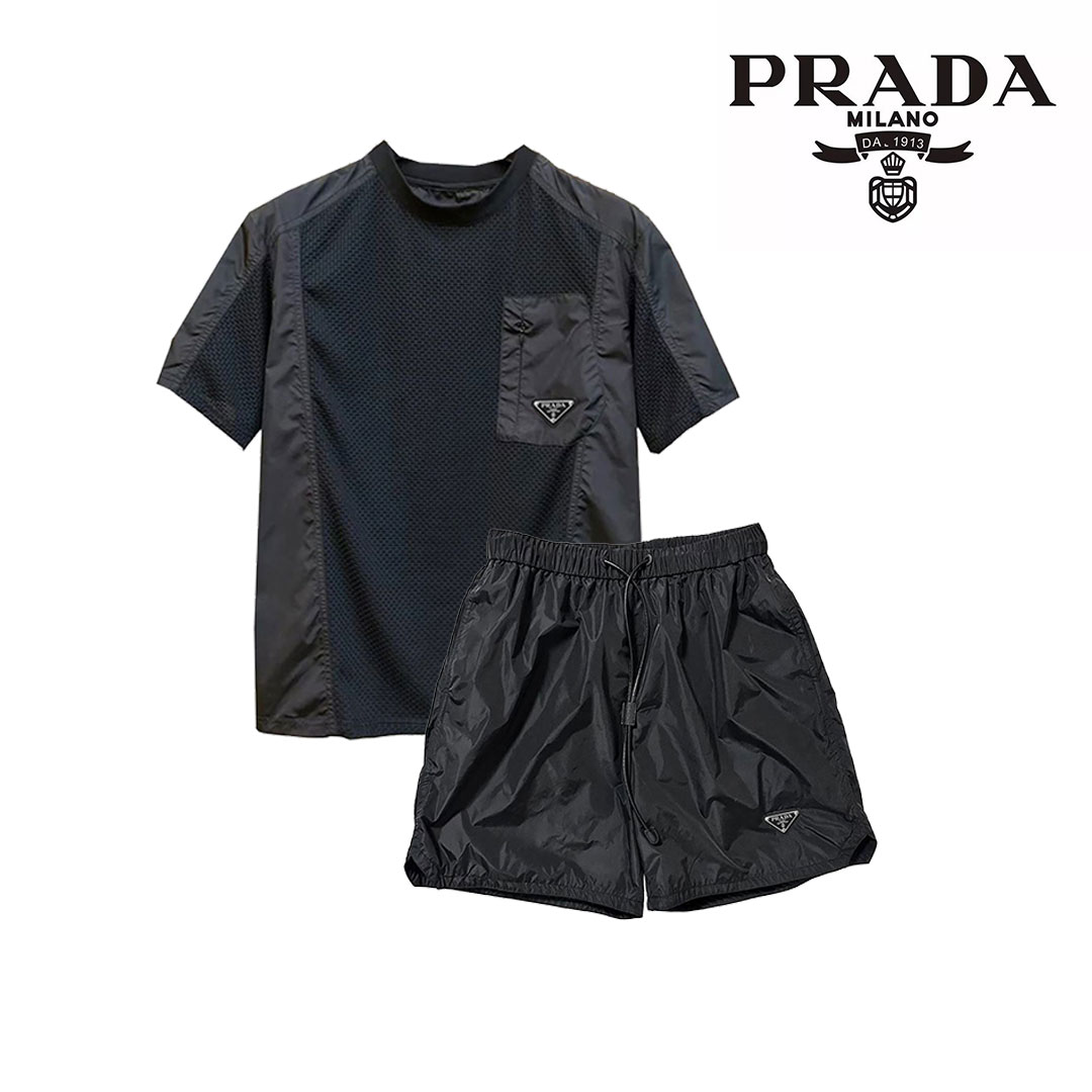 【PRADA】プラダ サマースーツ メンズ パッチワーク 速乾 半袖 ショートパンツ スーツ