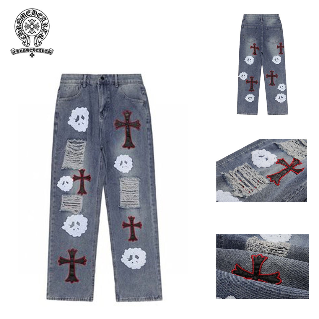 【Chrome-hearts】【男女兼用】【期間限定】クロウハート ディストレスト レトロ ストレート ジーンズ 