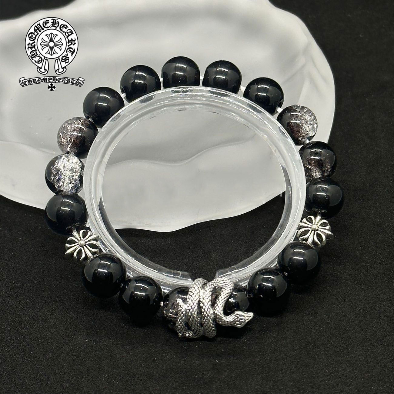 【Chrome Hearts】Chrome Hearts ブラックガラスビーズブレスレット 蛇年限定版