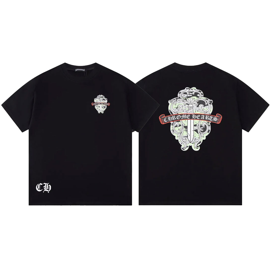 【Chrome Hearts】クロムハーツ ソードブロークンプリント ラウンドネック 半袖 Tシャツ 男女兼用