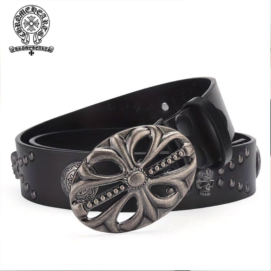 【Chrome Hearts】クロムハーツ パーソナライズド リベット クロスカービング ホロー バックル ベルト パンツ ベルト