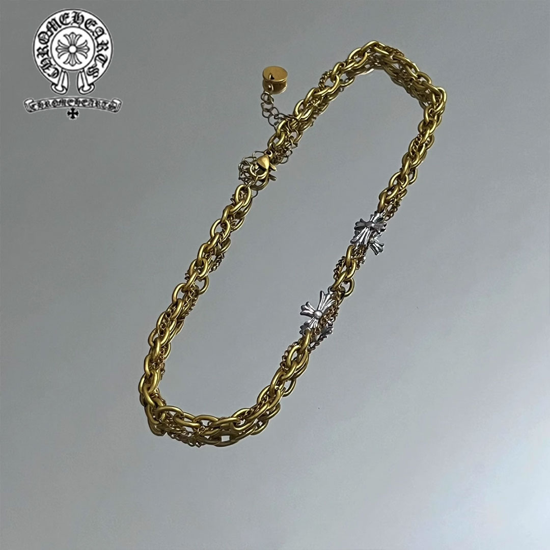 【Chrome Hearts】クロムハーツ クロス マットゴールド 二層チタンネックレス メンズ レトロ 万能 鎖骨チェーン レディース