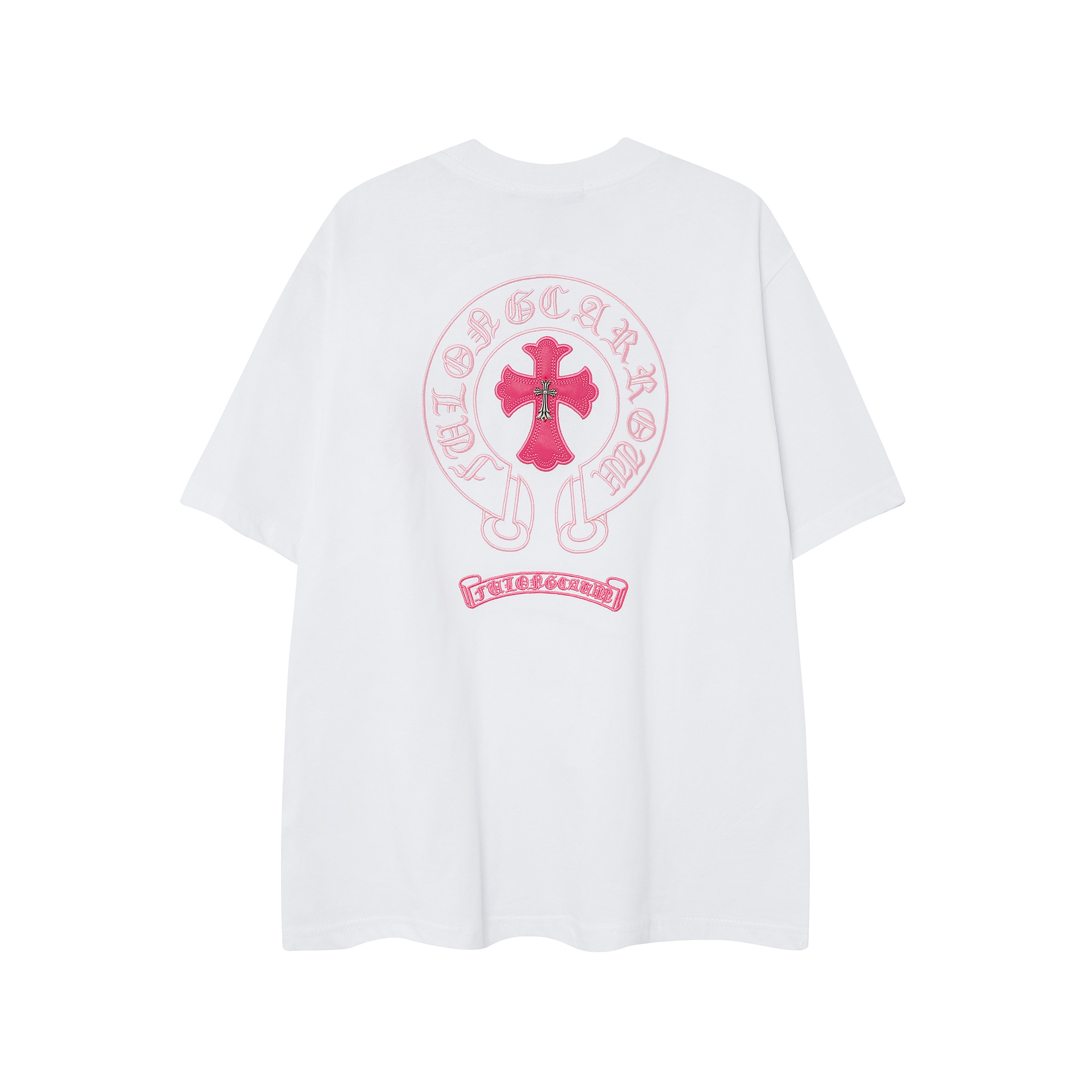【Chrome Heart】Chrome Heart クロス刺繍 ローズピンク ホースシュー ルーズ 半袖 Tシャツ 男女兼用